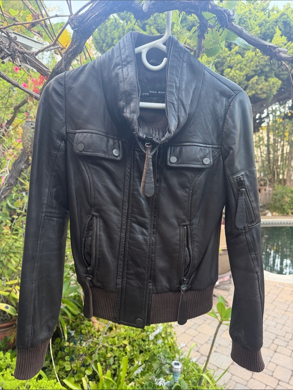 Zara Dark Brown Leather Bomber Jacket with Ribbed Hem